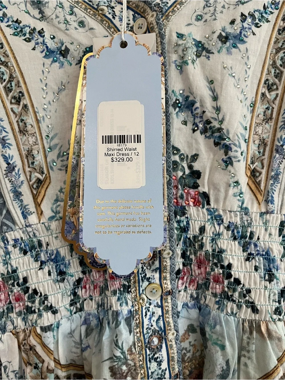 Milla by Camilla Girls Shirred Waist Maxi Dress Blue Floral Embellished Sz 12